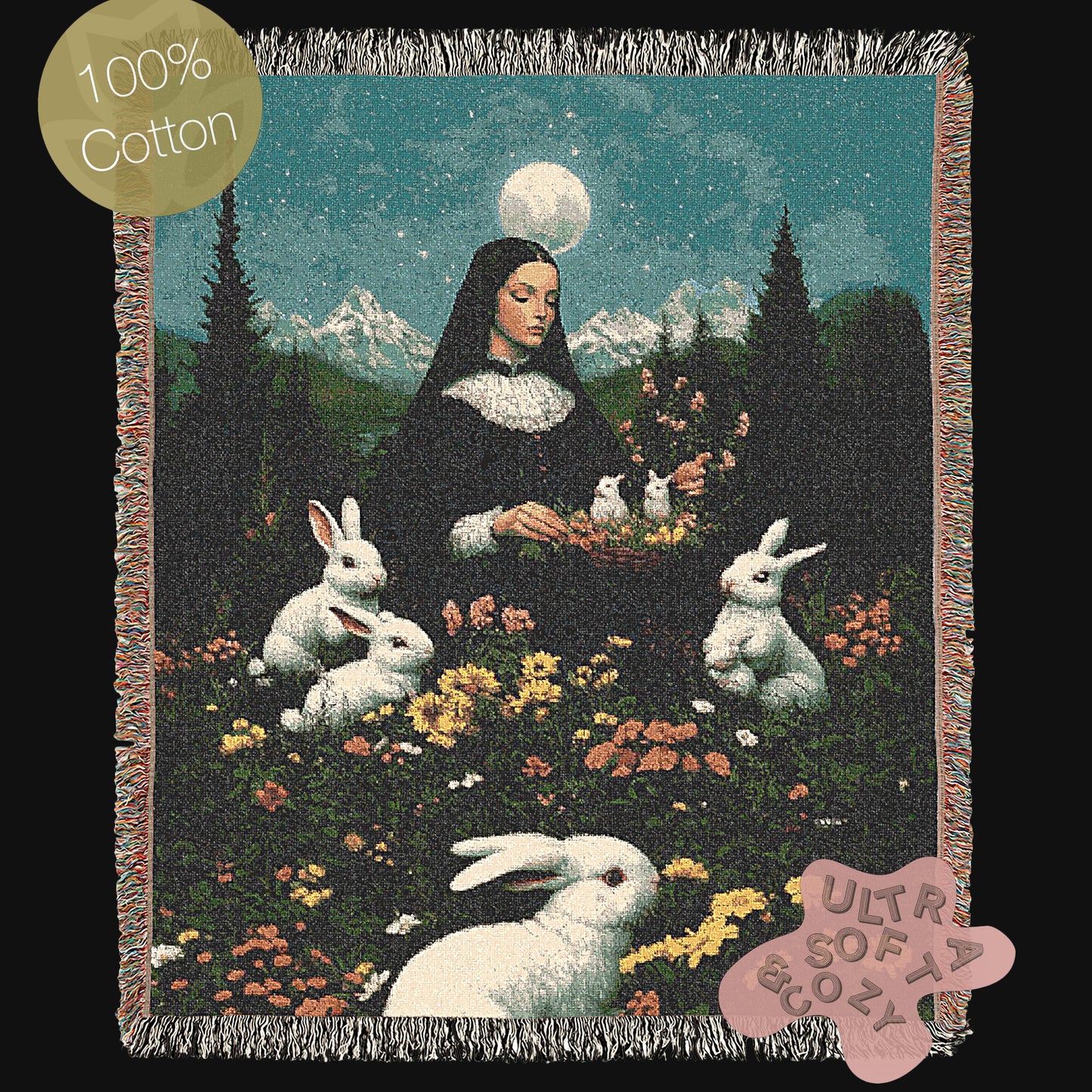 Moonlit Ostara In Garden Tapestry, Unique Art Blanket, Easter Bunny Decor, Mystical Nun Woven Throw, Pastoral Nature Art, Whimsigoth Decor