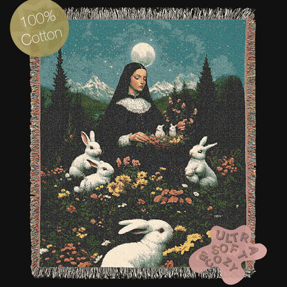 Moonlit Ostara In Garden Tapestry, Unique Art Blanket, Easter Bunny Decor, Mystical Nun Woven Throw, Pastoral Nature Art, Whimsigoth Decor