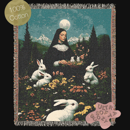 Moonlit Ostara In Garden Tapestry, Unique Art Blanket, Easter Bunny Decor, Mystical Nun Woven Throw, Pastoral Nature Art, Whimsigoth Decor