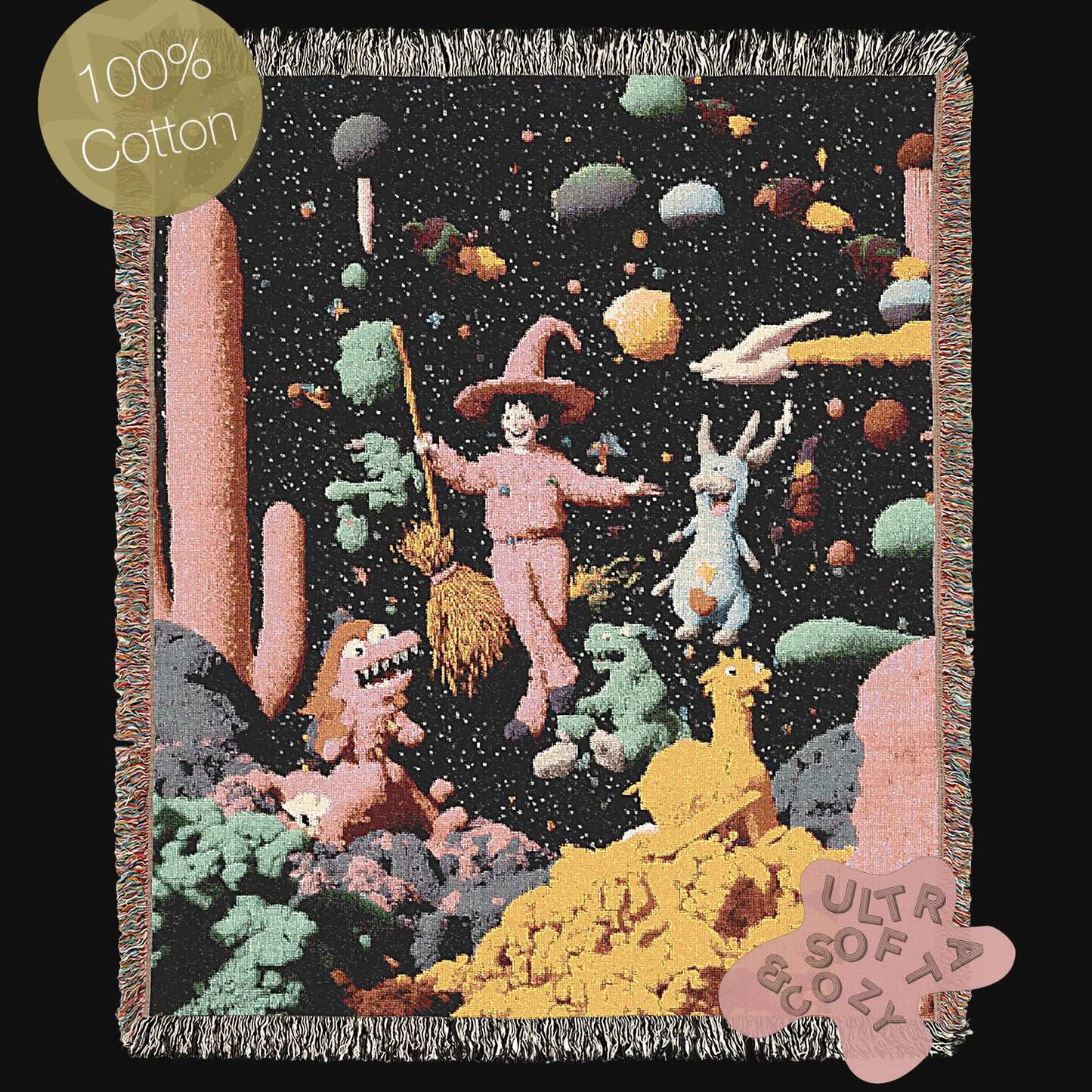 Cosmic Witch Woven Blanket Surrealist Fantasy Space Throw for Stargazers, Astrology Enthusiast Tapestry, Retro Celestial Witchcore Aesthetic