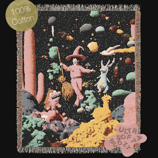Cosmic Witch Woven Blanket Surrealist Fantasy Space Throw for Stargazers, Astrology Enthusiast Tapestry, Retro Celestial Witchcore Aesthetic