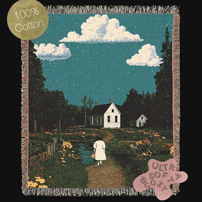 Cottagecore Woven Blanket, Vintage Whimsigoth Country Home, Whimsical Farmhouse Decor, Cozy Countryside Art, Rustic Nature Tapestry