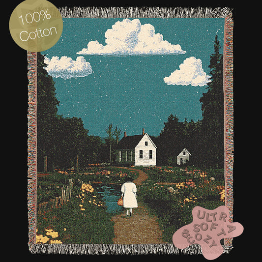 Cottagecore Woven Blanket, Vintage Whimsigoth Country Home, Whimsical Farmhouse Decor, Cozy Countryside Art, Rustic Nature Tapestry