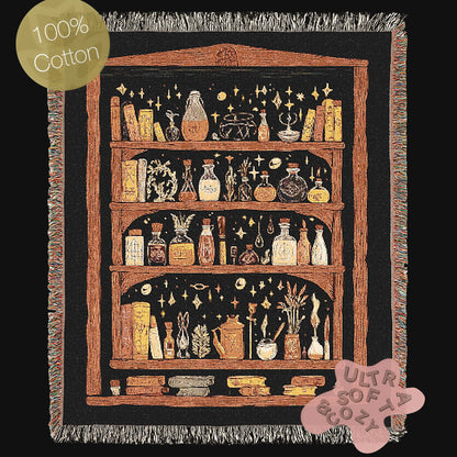 Witchy Shelf Woven Blanket, Skull Lover Throw Blanket, Spooky Whimsigoth Decor, Cotton Woven Throw For Witchy Gift, Witchy Decor