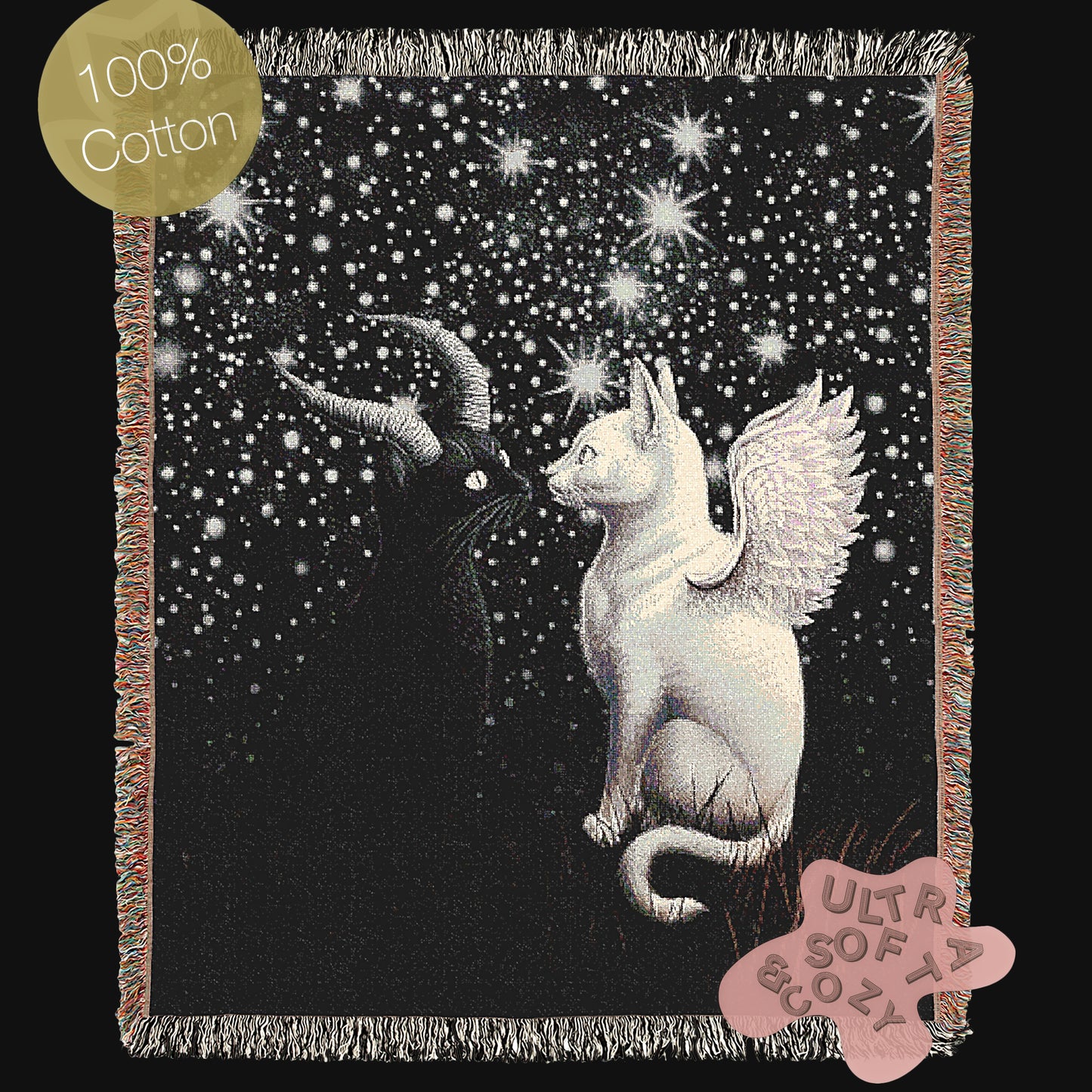 Mystical Cat Woven Blanket, Cozy Woven Throw for Cat Lovers, Celestial Whimsigoth Decor, Gift for Pet Owners, Home Warmth, Celestial Gifts