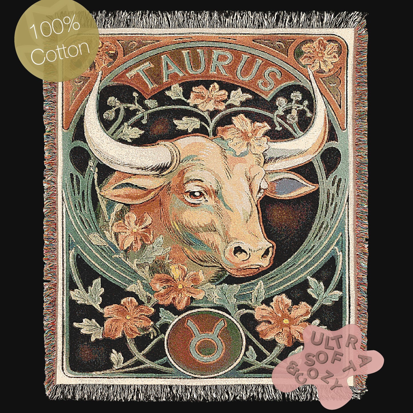 Art Nouveau Zodiac Woven Fringe Blanket, Taurus Tapestry, Zodiac Astro Signs Oversized Blanket, Woven Fringe Throw, Taurus Gift