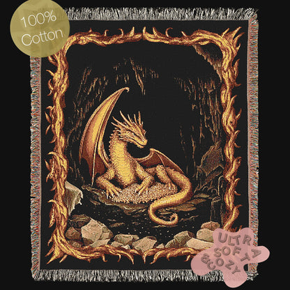 Gold Dragon Woven Blanket, Fantasy Fire Dragon Medieval Tapestry Throw, Mythical Creature Blanket for Dungeon And Whimsigoth Decor, RPG Gift