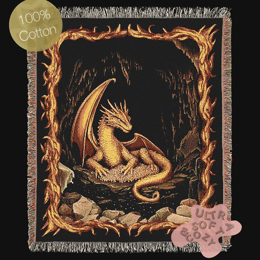 Gold Dragon Woven Blanket, Fantasy Fire Dragon Medieval Tapestry Throw, Mythical Creature Blanket for Dungeon And Whimsigoth Decor, RPG Gift