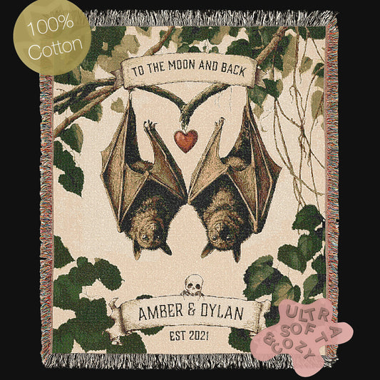 Personalized Bat Couple Woven Blanket, Cozy Decor for Halloween, Unique Gift for Bat Lovers, Customizable Throw Blanket, Autumn Home Accents
