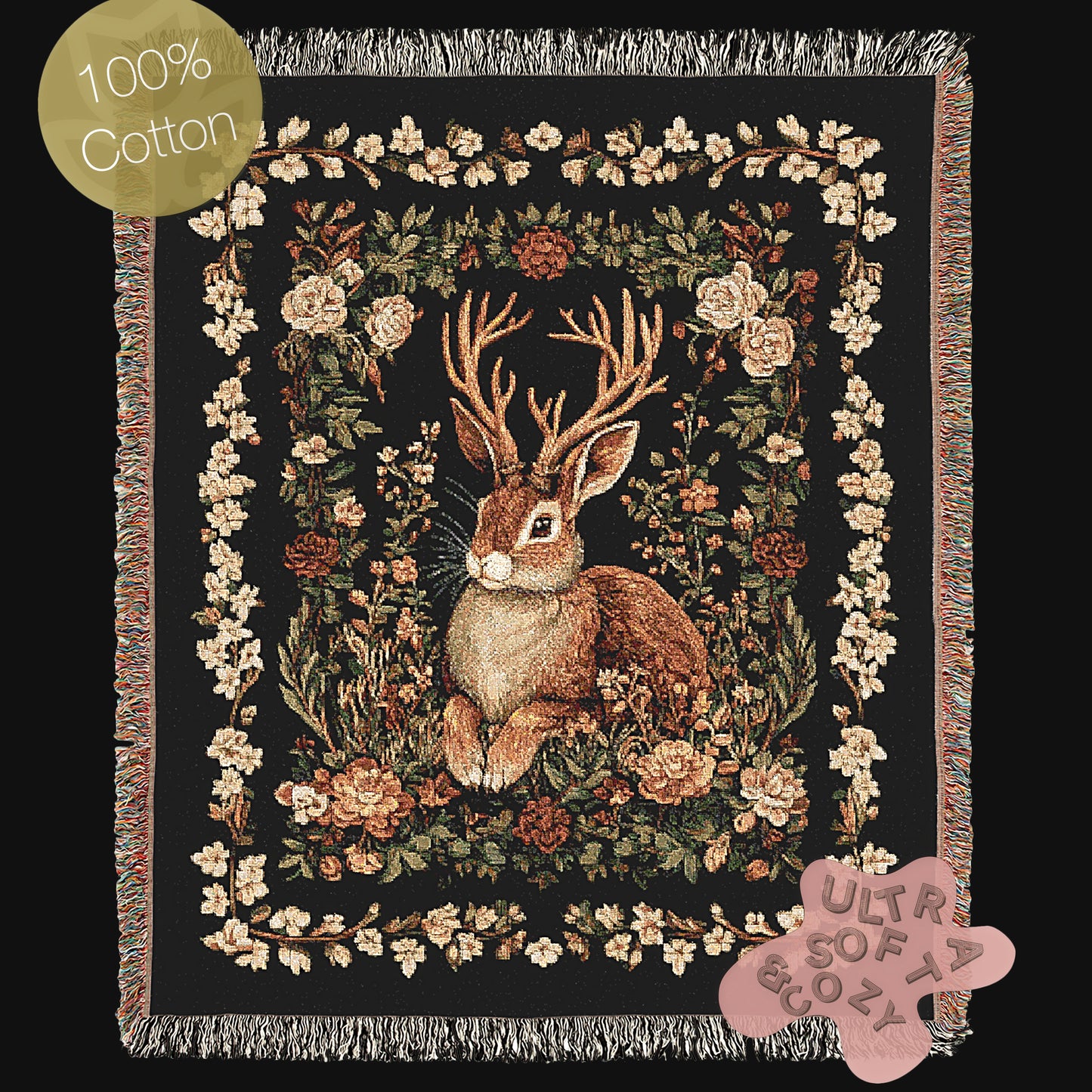 Jackalope Woven Blanket, Mythical Rabbit Deer Nature Tapestry Throw, Moody Cottagecore Whimsigoth Botanical Home Decor, Witchy Gift