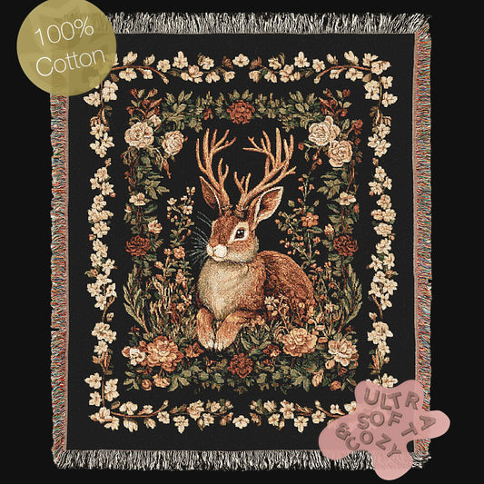 Jackalope Woven Blanket, Mythical Rabbit Deer Nature Tapestry Throw, Moody Cottagecore Whimsigoth Botanical Home Decor, Witchy Gift