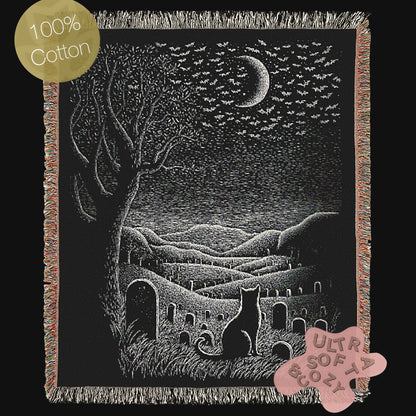 Gothic Cat Graveyard Blanket, Woven Crescent Moon Throw with Bats and Cemetery Scene, Whimsigoth Decor, Dark Academia Halloween Decor