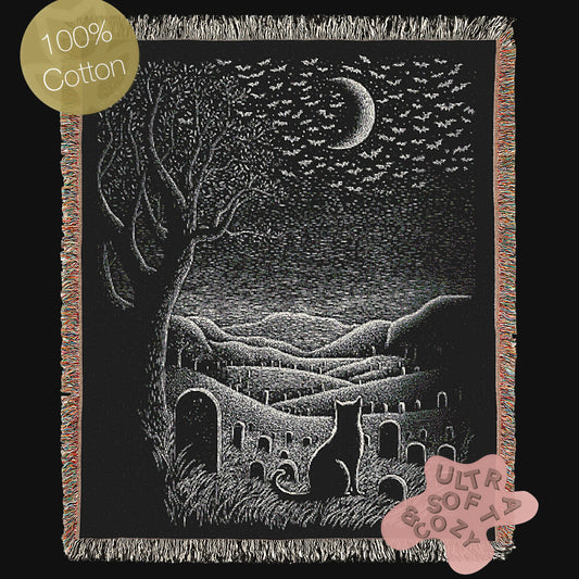 Gothic Cat Graveyard Blanket, Woven Crescent Moon Throw with Bats and Cemetery Scene, Whimsigoth Decor, Dark Academia Halloween Decor