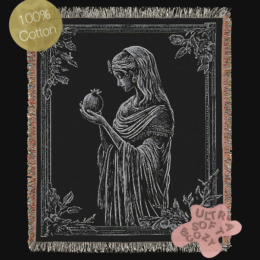 Persephone And The Pomegrante Woven Blanket, Greek Mythology Goddes of the Underworld, Large Wall Tapestry, Witchcore Whimsigoth Decor