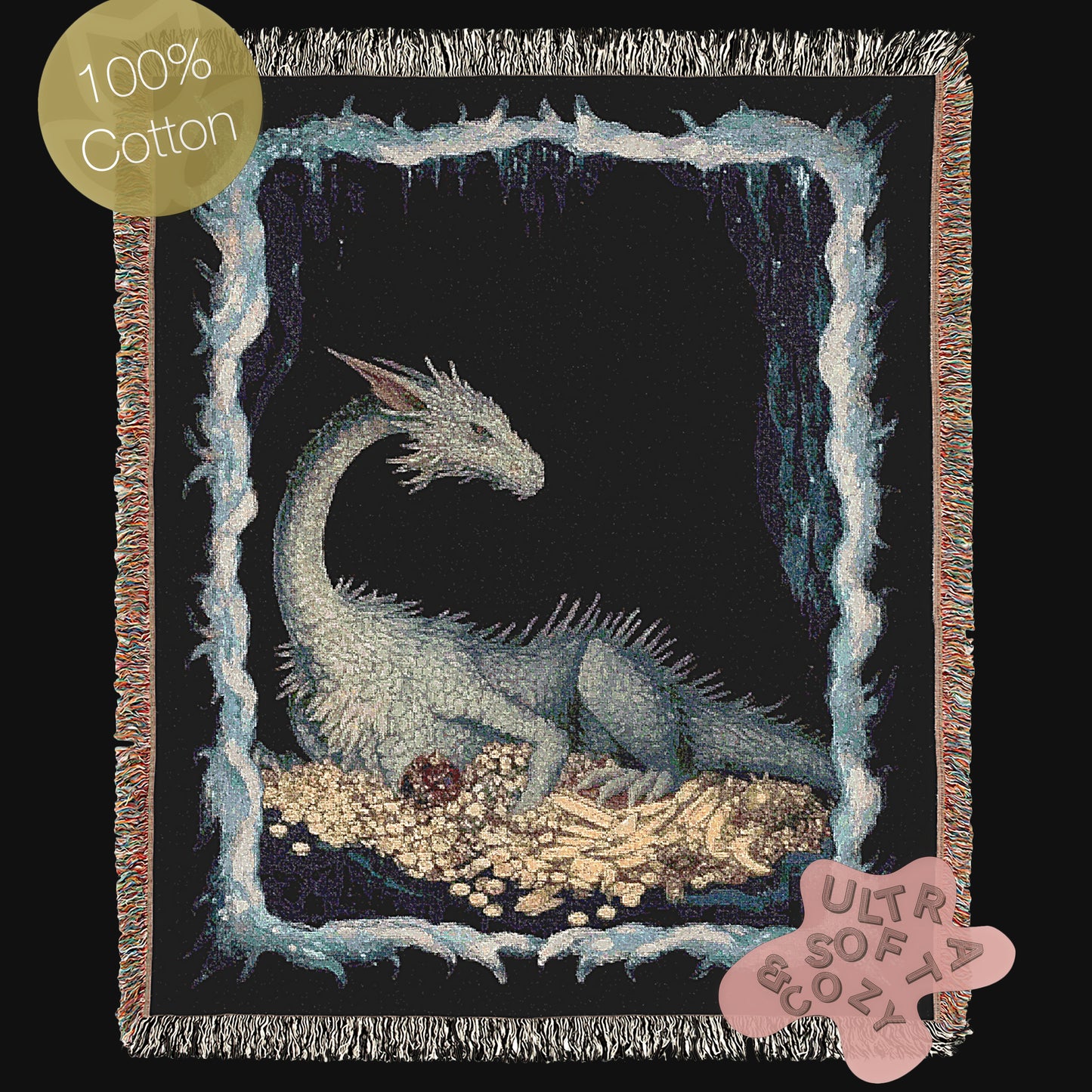 Ice Dragon Woven Blanket, Cold Blue Dragon Frost Fantasy Large Wall Tapestry Throw, Winter Cave DnD Fans and Whimsigoth Decor, RPG Gifts