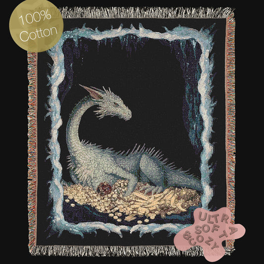 Ice Dragon Woven Blanket, Cold Blue Dragon Frost Fantasy Large Wall Tapestry Throw, Winter Cave DnD Fans and Whimsigoth Decor, RPG Gifts