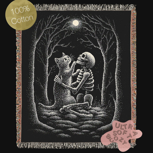 Skeleton and Cat Woven Throw Blanket, Gothic Blanket with Full Moon, Witchy Halloween Romance Decor, Whimsigoth Decor, Spooky Cat Gift