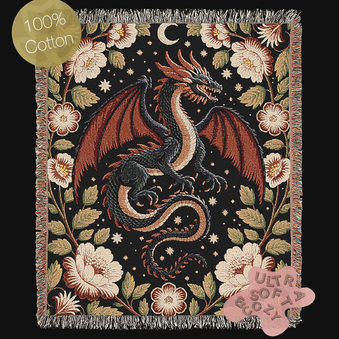 Medieval Floral Dragon Large Wall Tapestry Blanket, Mythical Fantasy Woven Wall Art Throw, Forest Castlecore Whimsigoth Cottagecore Decor