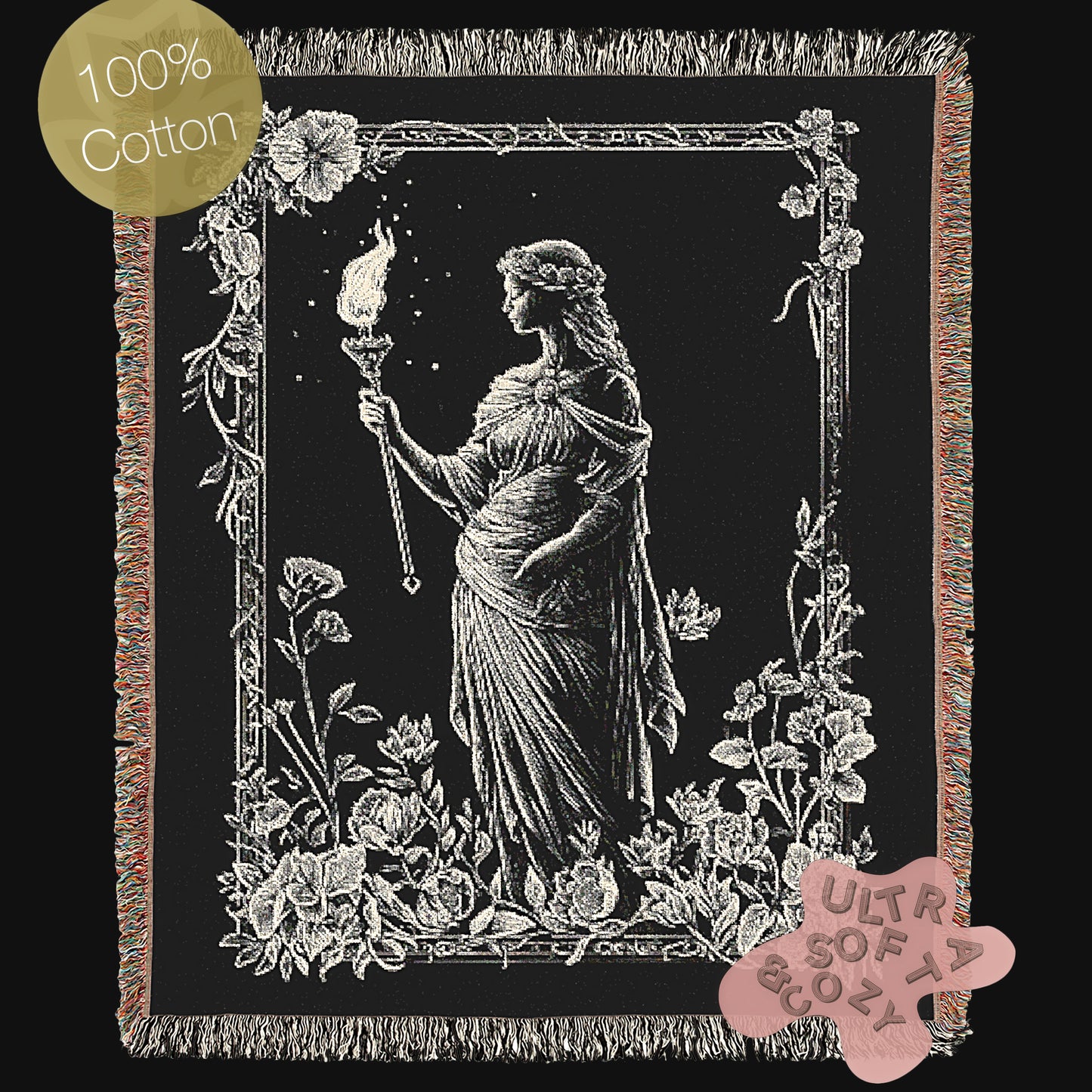 Hecate Woven Tapestry Blanket, Greek Mythology Witch Goddess Blanket with Torch and Floral Border, Whimsigoth Dark Academia Wiccan Decor