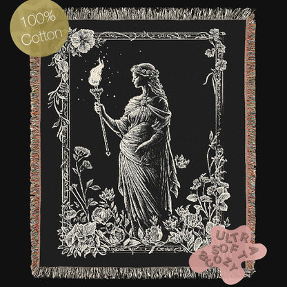 Hecate Woven Tapestry Blanket, Greek Mythology Witch Goddess Blanket with Torch and Floral Border, Whimsigoth Dark Academia Wiccan Decor