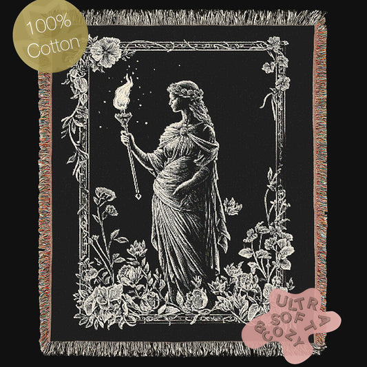 Hecate Woven Tapestry Blanket, Greek Mythology Witch Goddess Blanket with Torch and Floral Border, Whimsigoth Dark Academia Wiccan Decor
