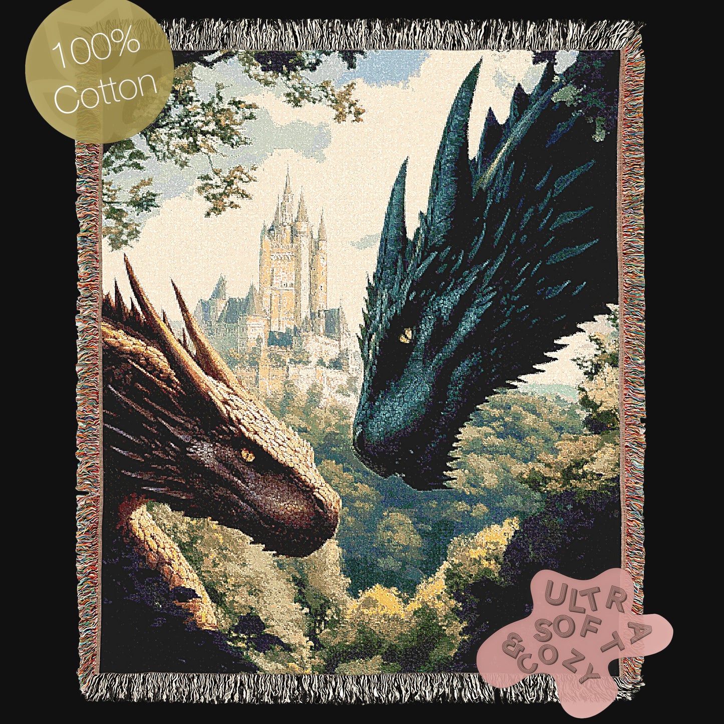 Dragon Woven Blanket,  Fantasy Castle Medieval Large Wall Tapestry, Castlecore Dragon Art Throw, Gothic Bedroom or Couch Decor
