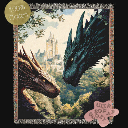 Dragon Woven Blanket,  Fantasy Castle Medieval Large Wall Tapestry, Castlecore Dragon Art Throw, Gothic Bedroom or Couch Decor