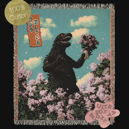 Godzilla in Love Sakura Bouquet, Cotton Woven Blanket Throw, Romantic Kaiju Gojira Funny Tapestry, Woven Wall Art, Weirdcore Decor Gift