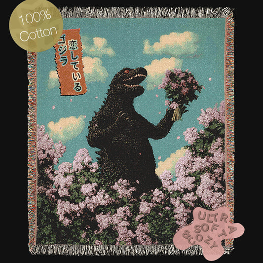 Godzilla in Love Sakura Bouquet, Cotton Woven Blanket Throw, Romantic Kaiju Gojira Funny Tapestry, Woven Wall Art, Weirdcore Decor Gift
