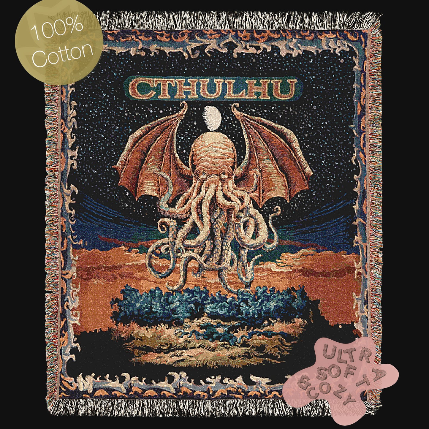 Cthulhu Woven Blanket, Large Wall Tapestry, Cozy Throw for Horror Fans, Jacquard Woven, HP Lovecraft Lovers Home Decor Gift