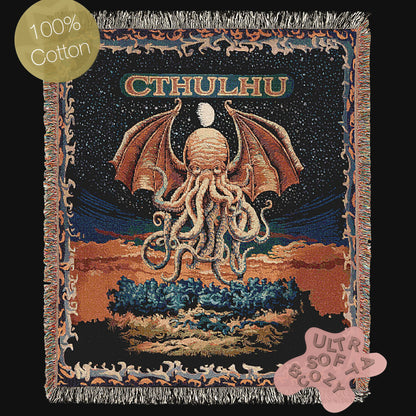 Cthulhu Woven Blanket, Large Wall Tapestry, Cozy Throw for Horror Fans, Jacquard Woven, HP Lovecraft Lovers Home Decor Gift