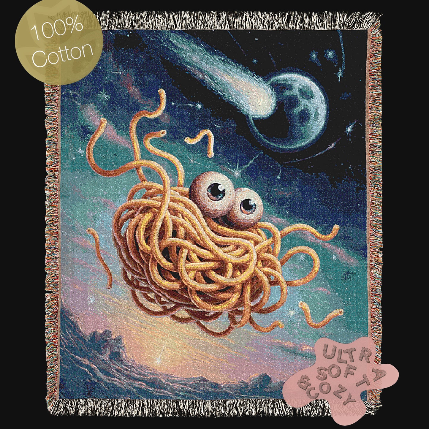 Flying Spaghetti Monster Tapestry Woven Wall Art, Cosmic Space Blanket, Funny Ramen Pasta Noodle Blanket, Whimsical Decor Large Wall Hanging