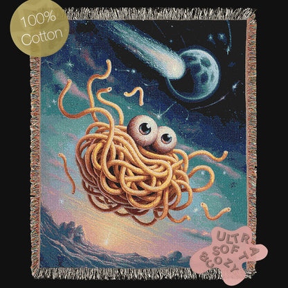 Flying Spaghetti Monster Tapestry Woven Wall Art, Cosmic Space Blanket, Funny Ramen Pasta Noodle Blanket, Whimsical Decor Large Wall Hanging