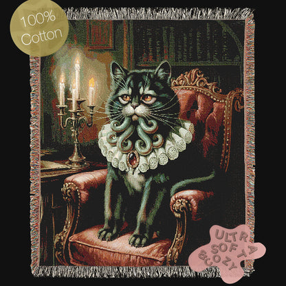 Funny Cat Cathulhu, Cotton Woven Throw Blanket, Lovecraft Gothic Funny Tapestry, Woven Wall Art, Whimsigoth Decor, Large Wall Hanging