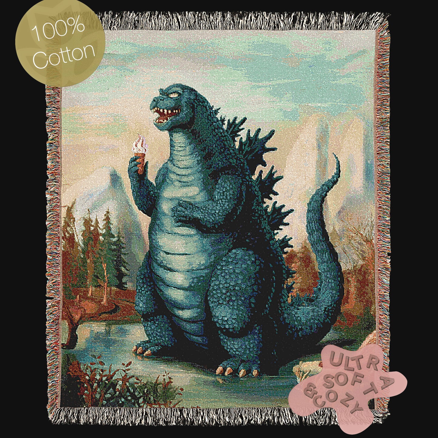 Godzilla And Icecream, Cotton Woven Throw Blanket, Quirky Playful Kaiju Gojira Funny Tapestry, Woven Wall Art, Weirdcore Decor Gift