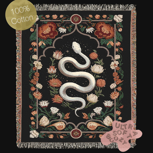 White Snake Floral Woven Throw Blanket, Boho Border Design, Large Wall Tapestry, Dark Cottagecore, Whimsigoth Decor, Gothic Bedding