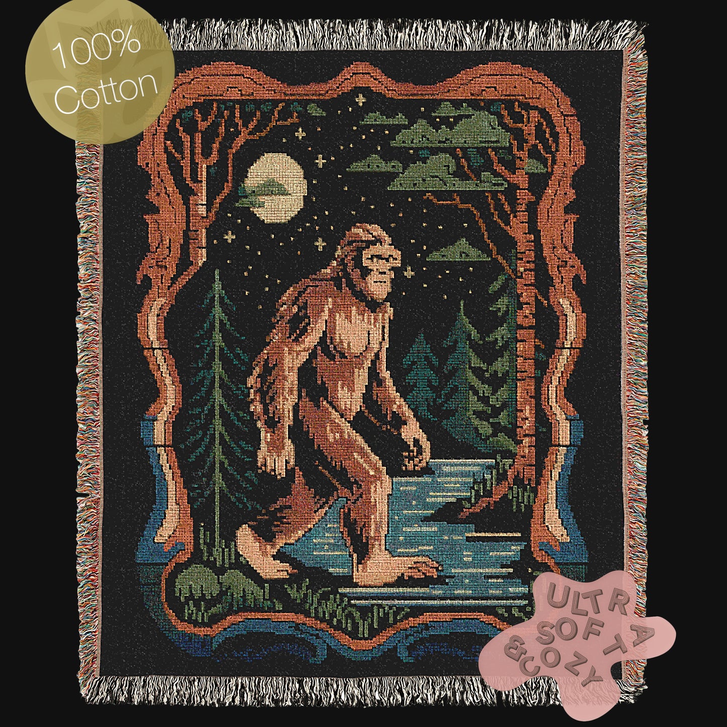 Bigfoot Jacquard Woven Blanket, Retro Cross Stitch Inspired Cryptid Throw Tapestry, Spooky Sasquatch Monster Decor, Cryptozoology Gift