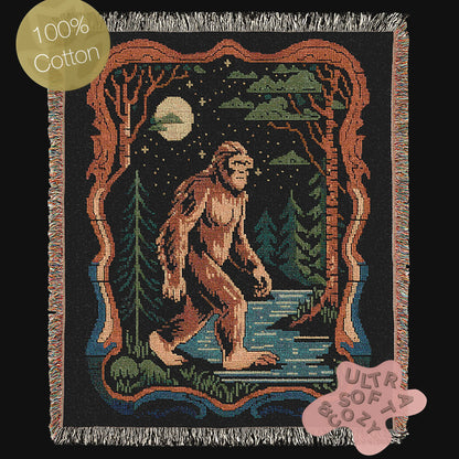 Bigfoot Jacquard Woven Blanket, Retro Cross Stitch Inspired Cryptid Throw Tapestry, Spooky Sasquatch Monster Decor, Cryptozoology Gift