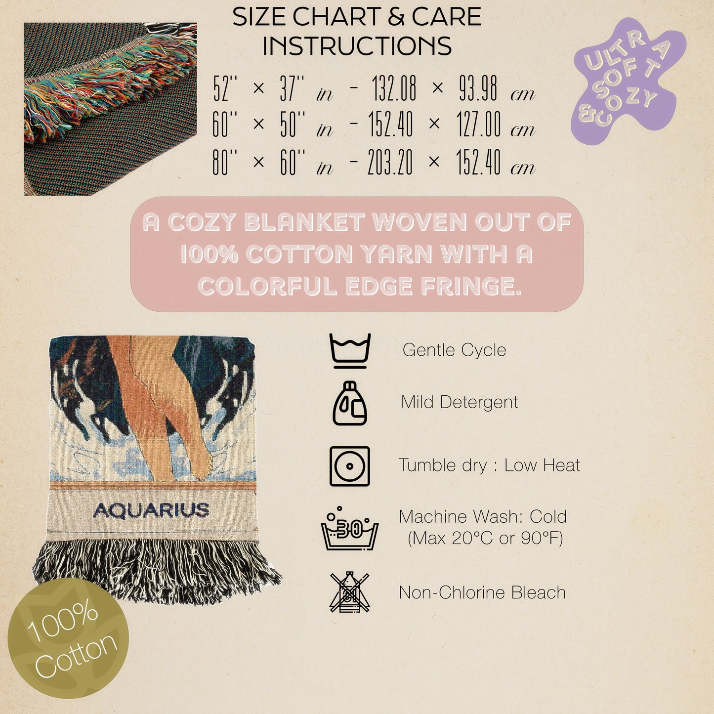 Art Nouveau Zodiac Aquarius Woven Fringe Blanket