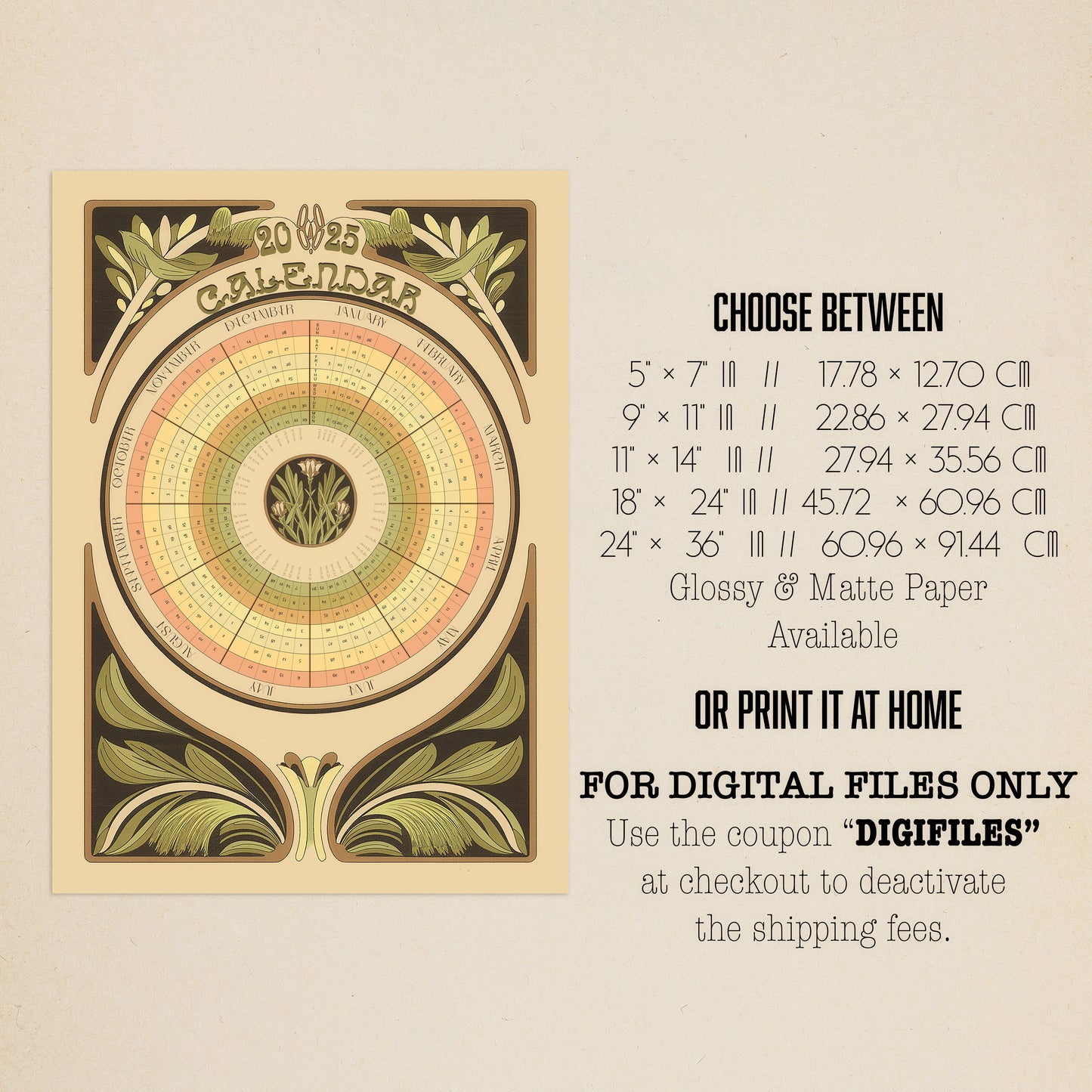 Vintage Inspired Art Nouveau Circular Botanical 2025 Calendar Poster, Antique Wall Hanging Art Planner, Sepia Dark Toned Home Accent Decor