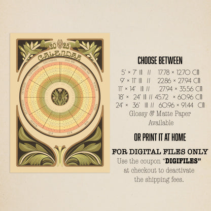 Vintage Inspired Art Nouveau Circular Botanical 2025 Calendar Poster, Antique Wall Hanging Art Planner, Sepia Dark Toned Home Accent Decor