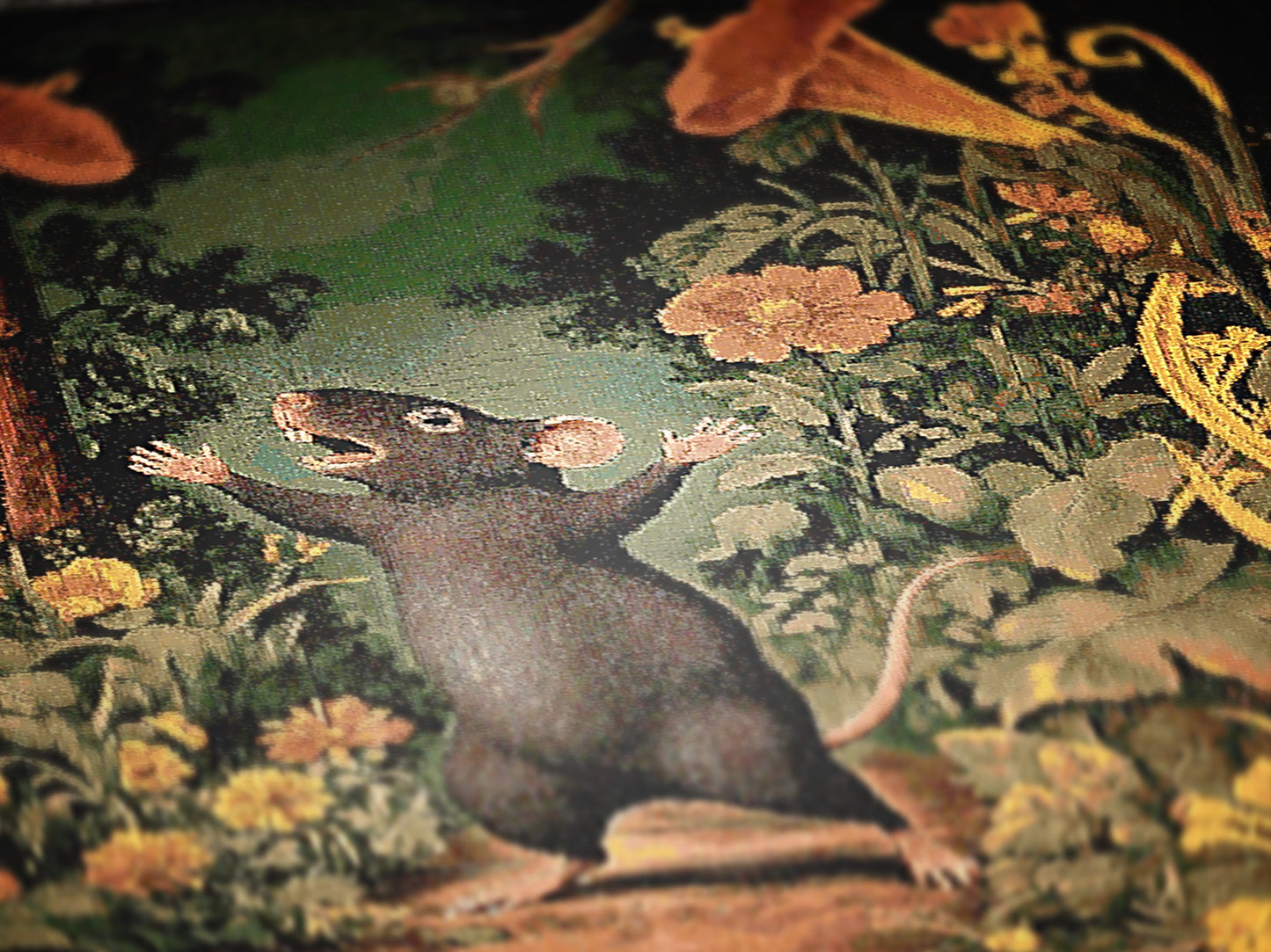 Vintage Victorian Aesthetic Rat Dancing In The Forest, Floral Botanical Woven Tapestry | Whimsical Decorative Throw Blanket