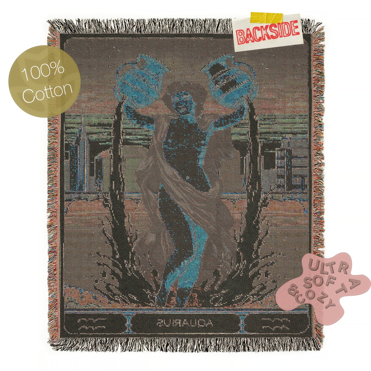 Art Nouveau Zodiac Aquarius Woven Fringe Blanket