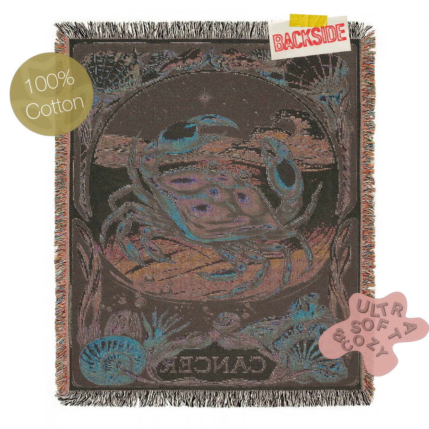 Art Nouveau Zodiac Cancer Woven Fringe Blanket