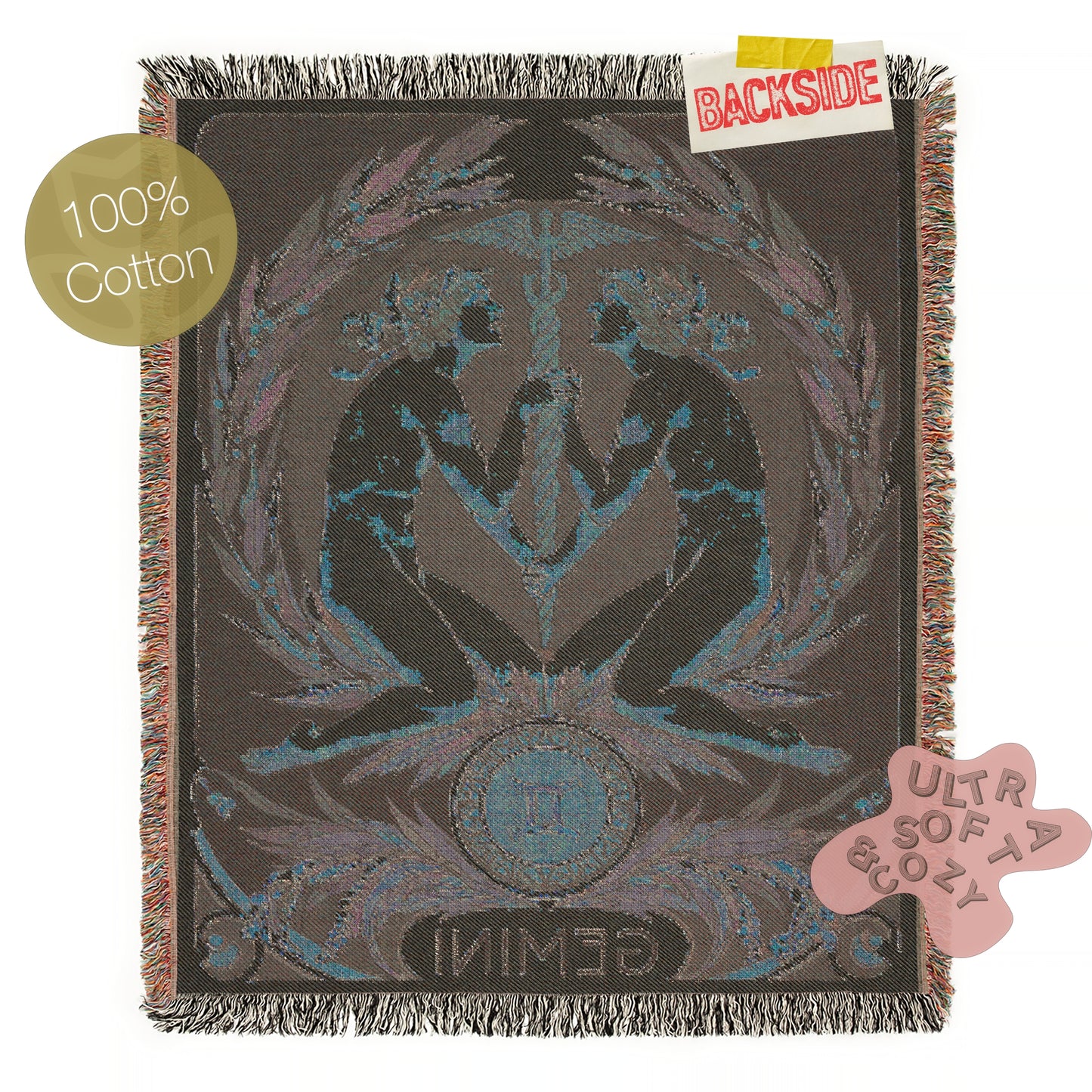 Art Nouveau Zodiac Gemini Woven Fringe Blanket