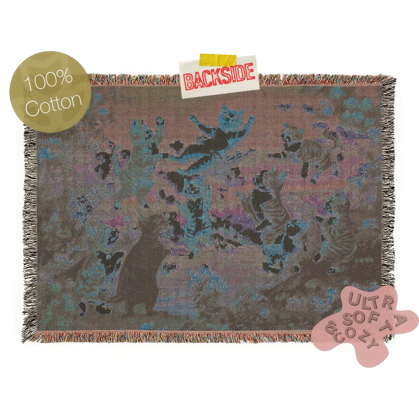 Vintage Cat Cherubs Woven Tapestry | Whimsical Decorative Woven Tapestry | Retro Art Nouveau-Inspired Cat Throw Blanket