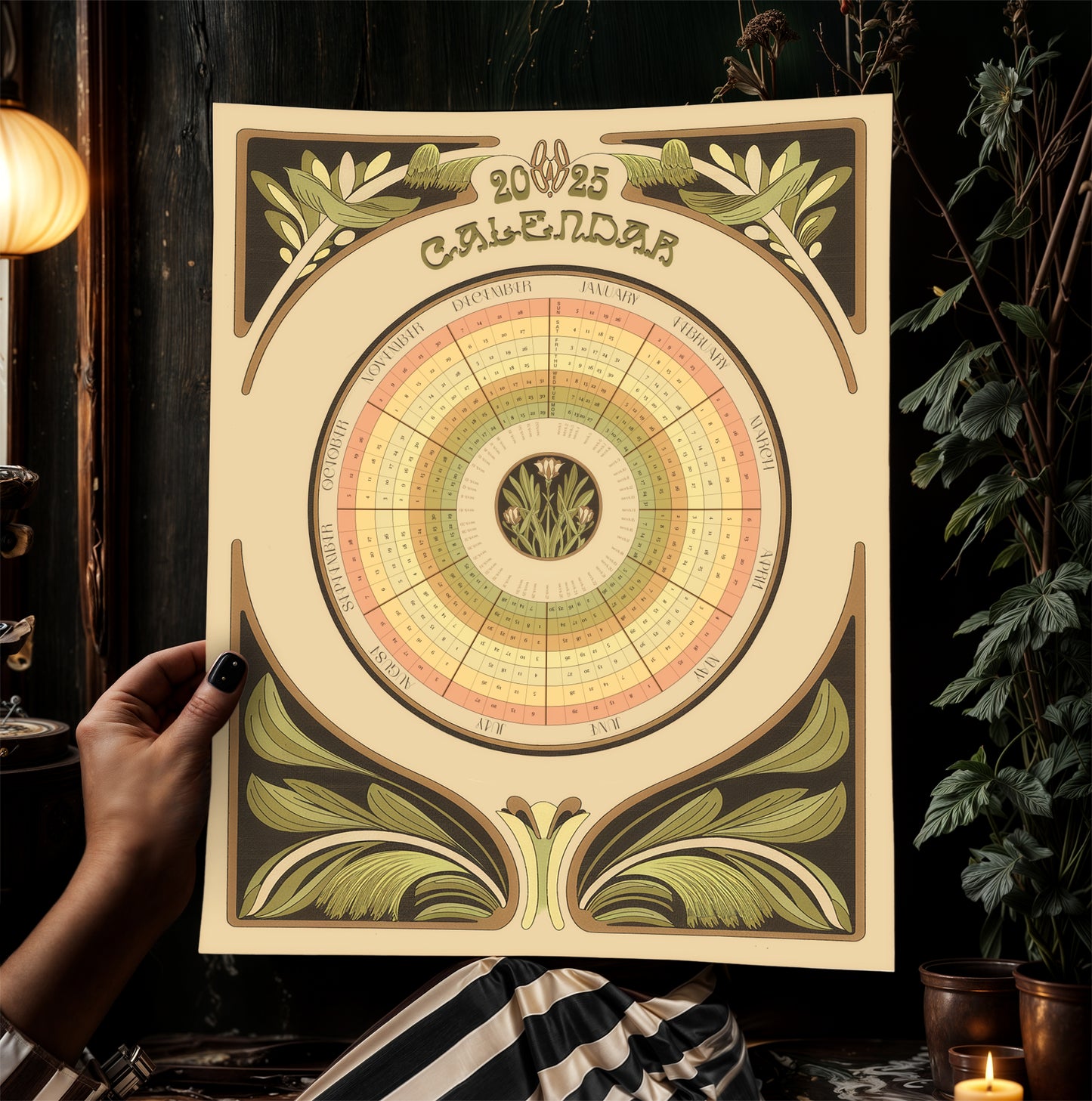 Vintage Inspired Art Nouveau Circular Botanical 2025 Calendar Poster, Antique Wall Hanging Art Planner, Sepia Dark Toned Home Accent Decor