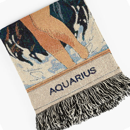 Art Nouveau Zodiac Aquarius Woven Fringe Blanket