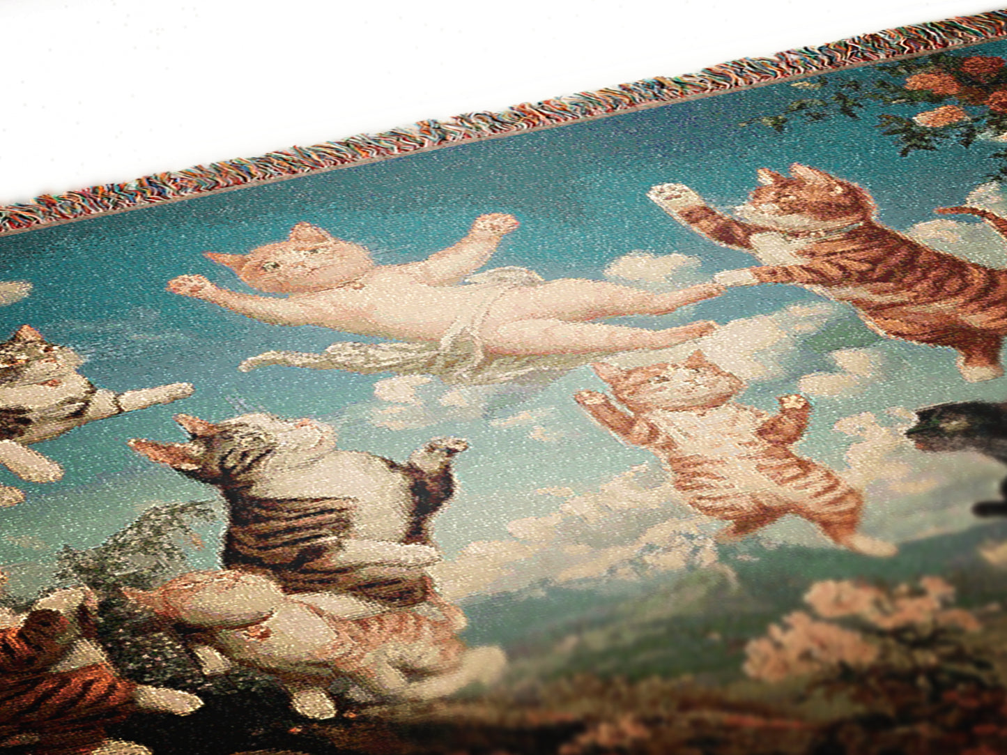 Vintage Cat Cherubs Woven Tapestry | Whimsical Decorative Woven Tapestry | Retro Art Nouveau-Inspired Cat Throw Blanket