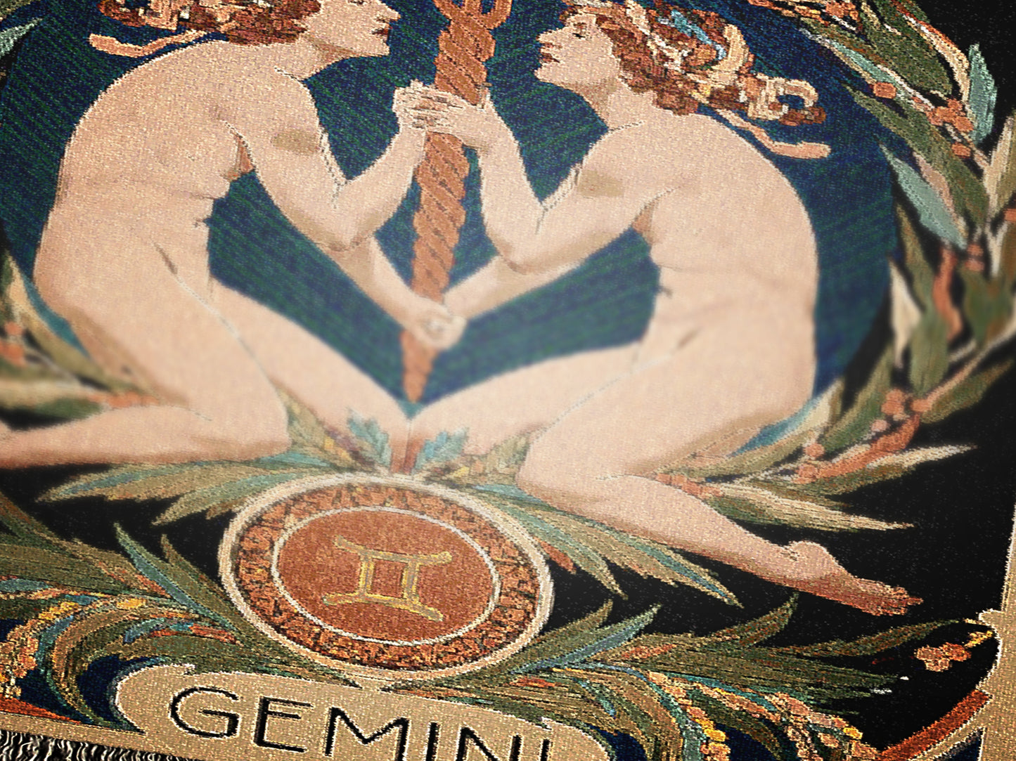 Art Nouveau Zodiac Gemini Woven Fringe Blanket